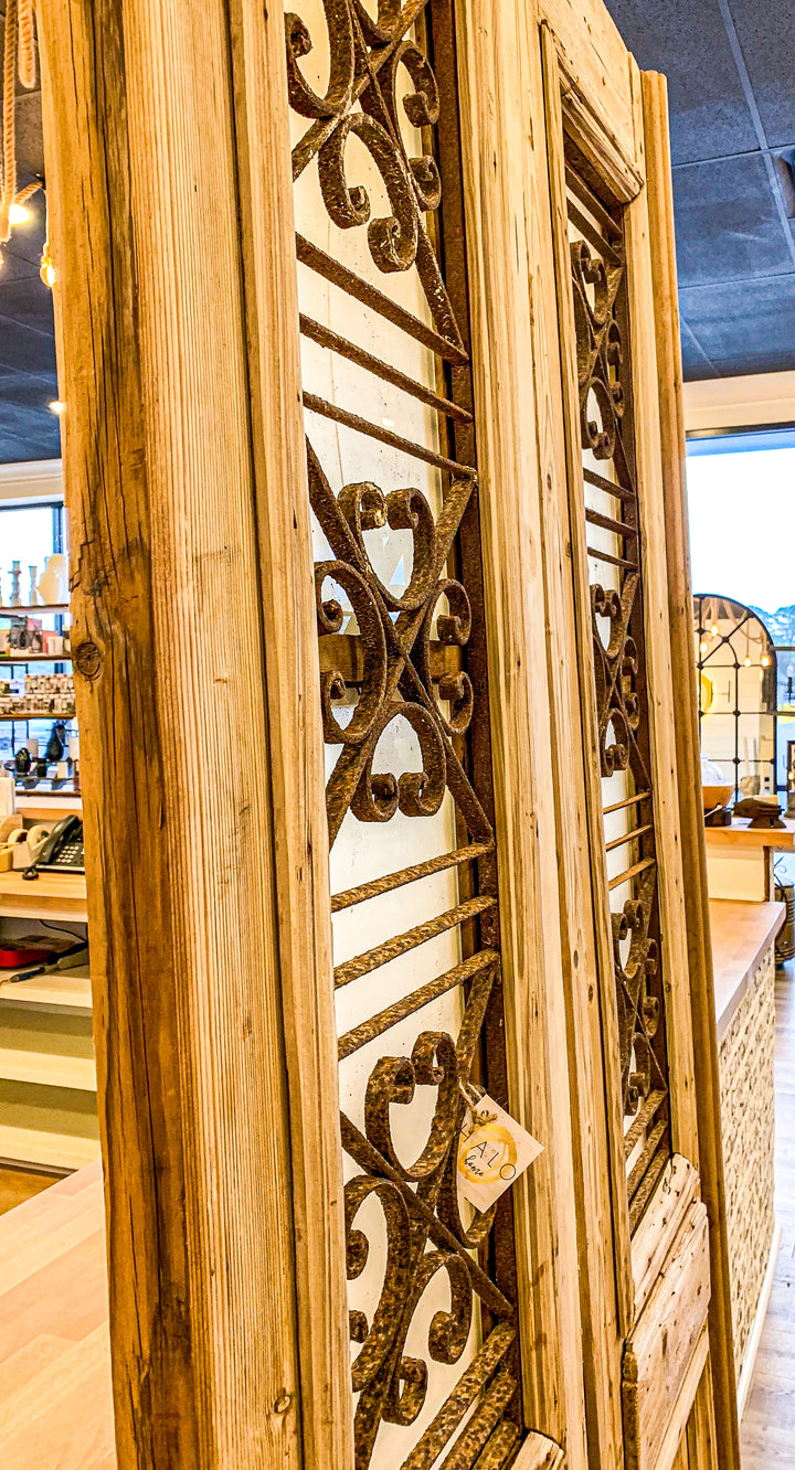 Pair of Antique Doors Wrought Iron and Glass Inlay