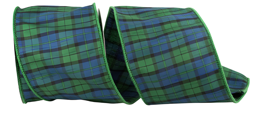 Blue/Green Tartan Plaid Wired Edge Ribbon, 4 inch