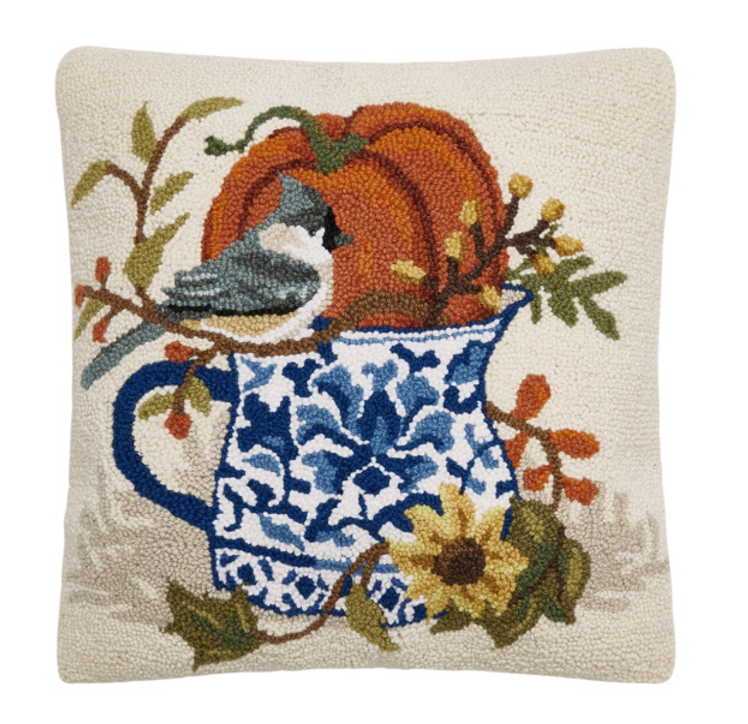 Fall Birds with Teapots Hook Pillow