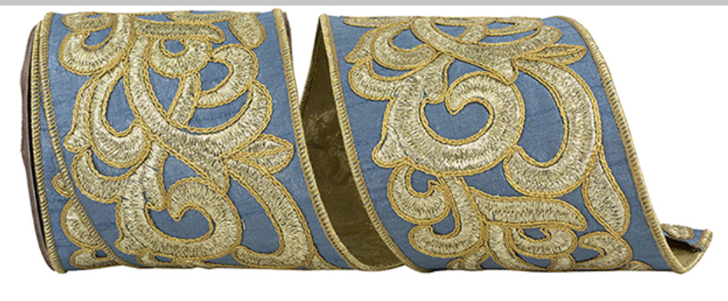 Scroll Embroidery Metallic Dupioni Backed Wired Ribbon 4"x5yds