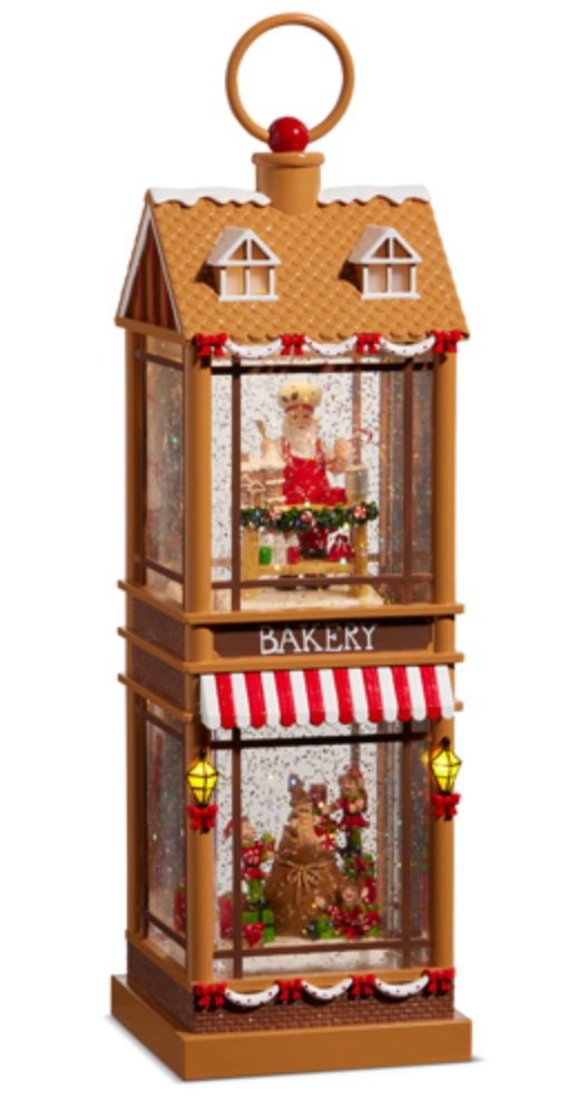 Two Story Bakery with Santa and Elves Lighted Water Lantern