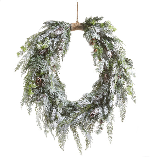 36" Flocked Oval Cedar & Pinecone Wreath
