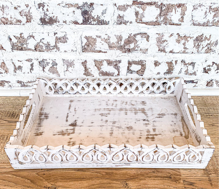 Tray White Carved Scroll Large