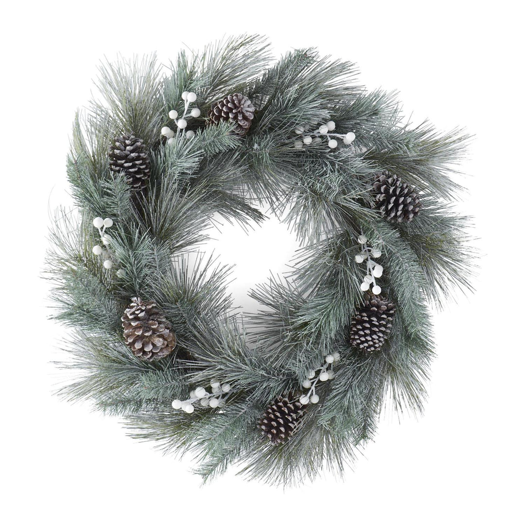 33" Frosted Long Needle Pine Wreath w/Large Gray Pinecones