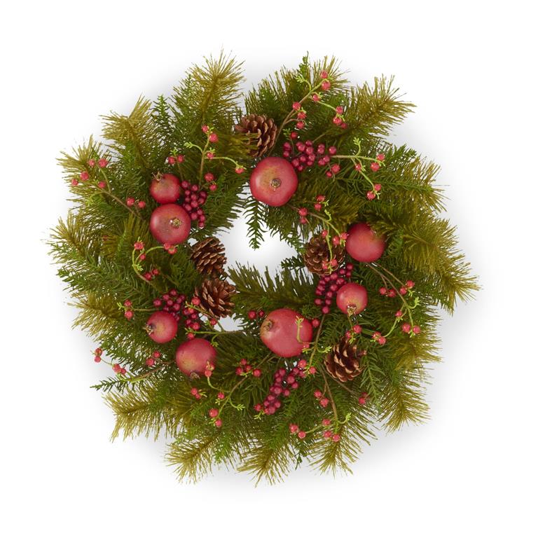 27" Flocked Pine Wreath w/Red Berries Pinecones & Pomegranates