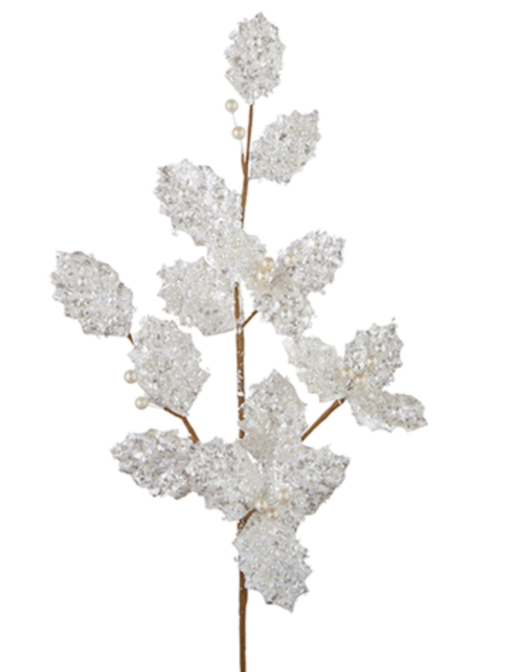 25" WHITE GLITTER HOLLY SPRAY