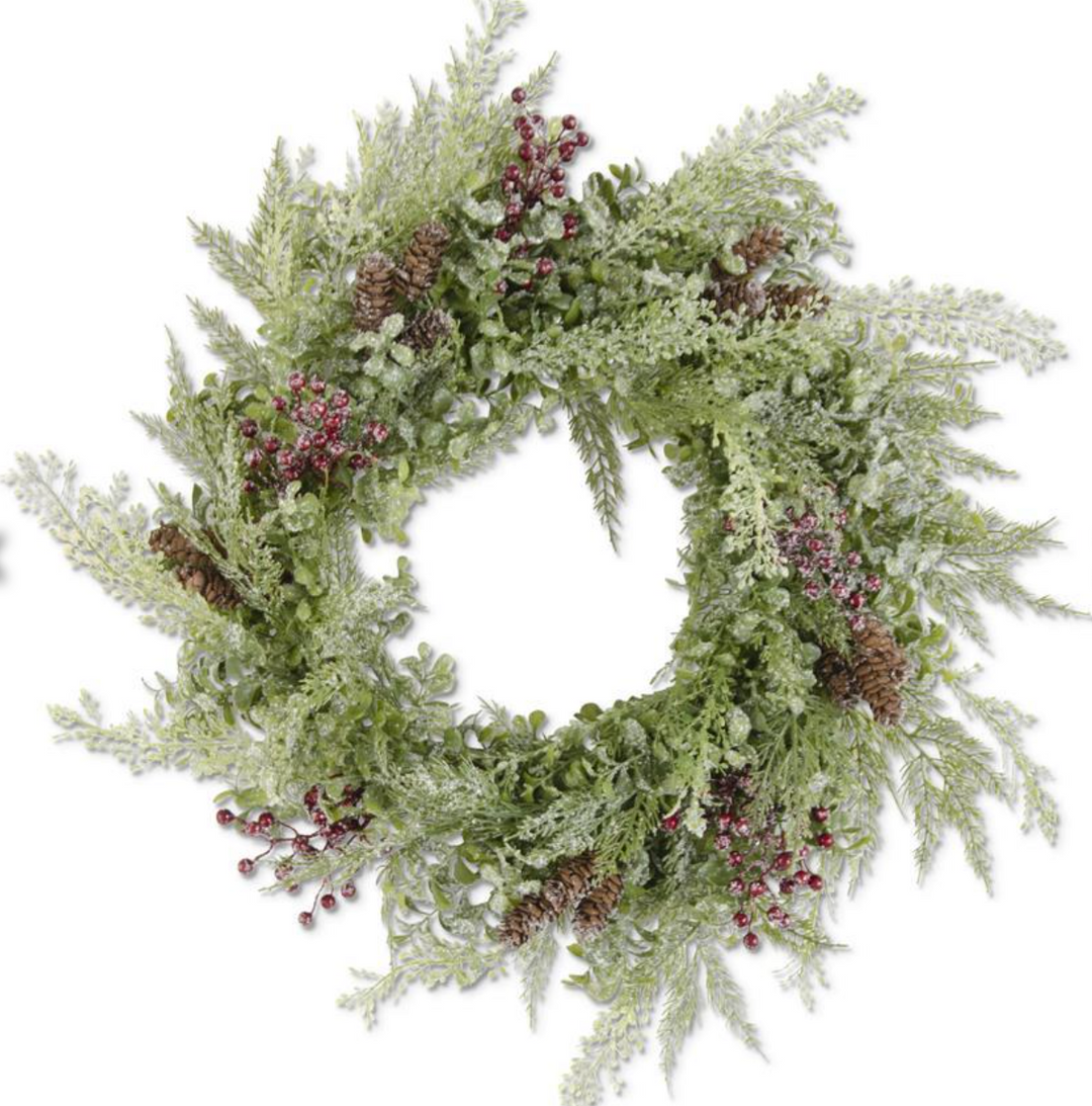 24" Glittered Mixed Green Foliage Wreath w/ Red Berries & Pinecone