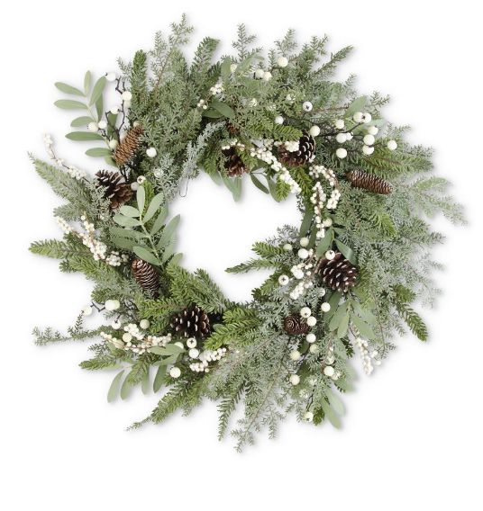 30" MIXED PINE WREATH W/PINECONES LEAVES & WHITE BERRIES