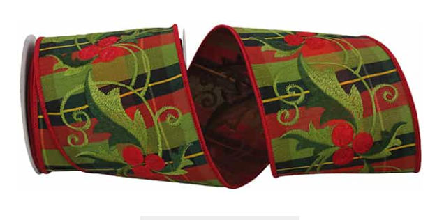Embroidered Holly Dupioni Plaid Wired Ribbon 4"x5yds