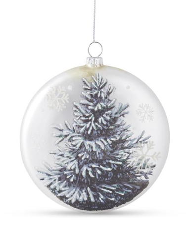 5" SILVER FLAT ROUND ORNAMENT W/GLITTERED TREE