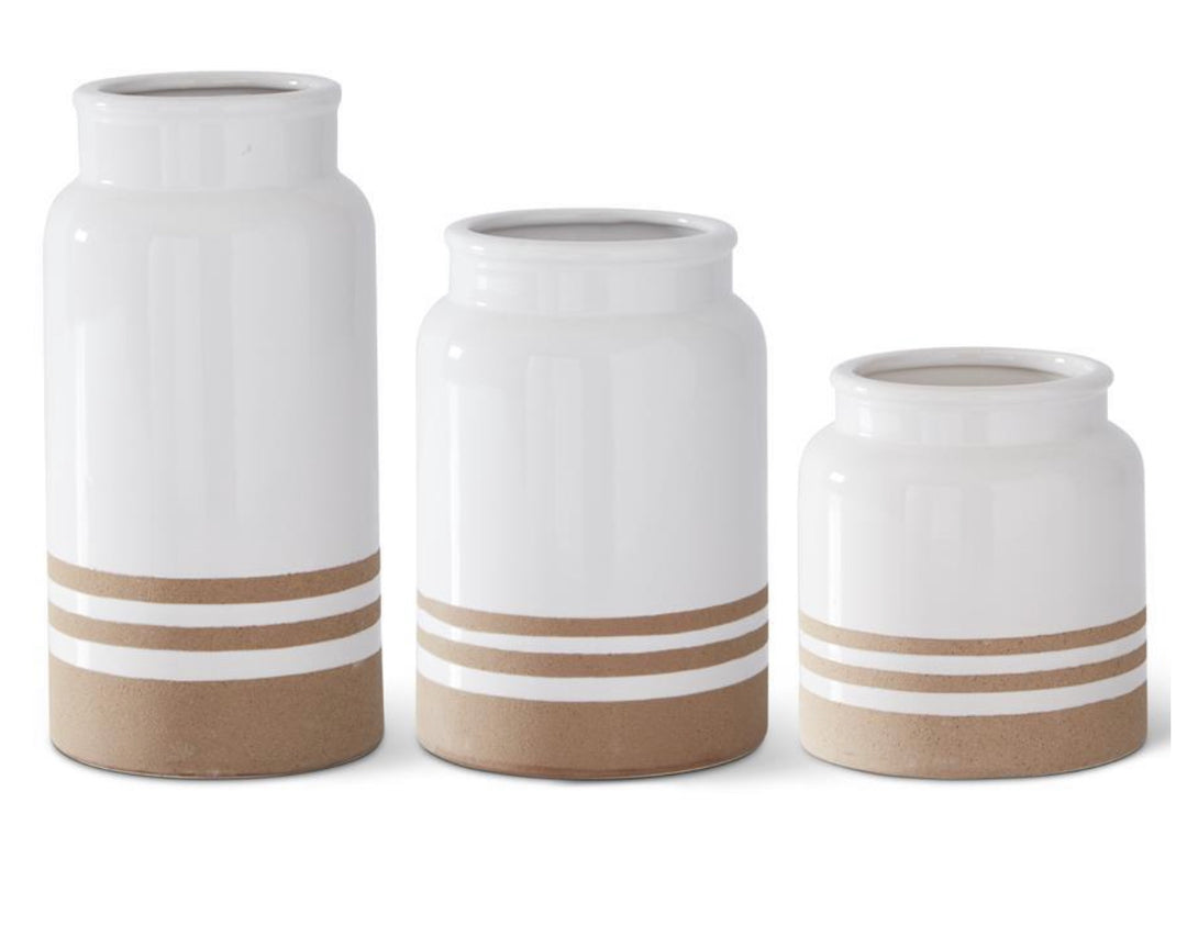 White w/ Tan Stripe Ceramic Vase