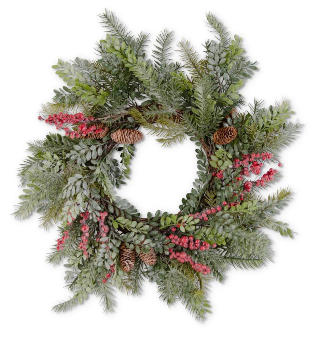 Wreath Glittered Boxwood Berry Pinecone & Fir KK 24”