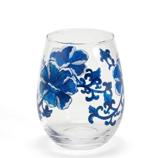 Blue & White Stemless Wine Glass