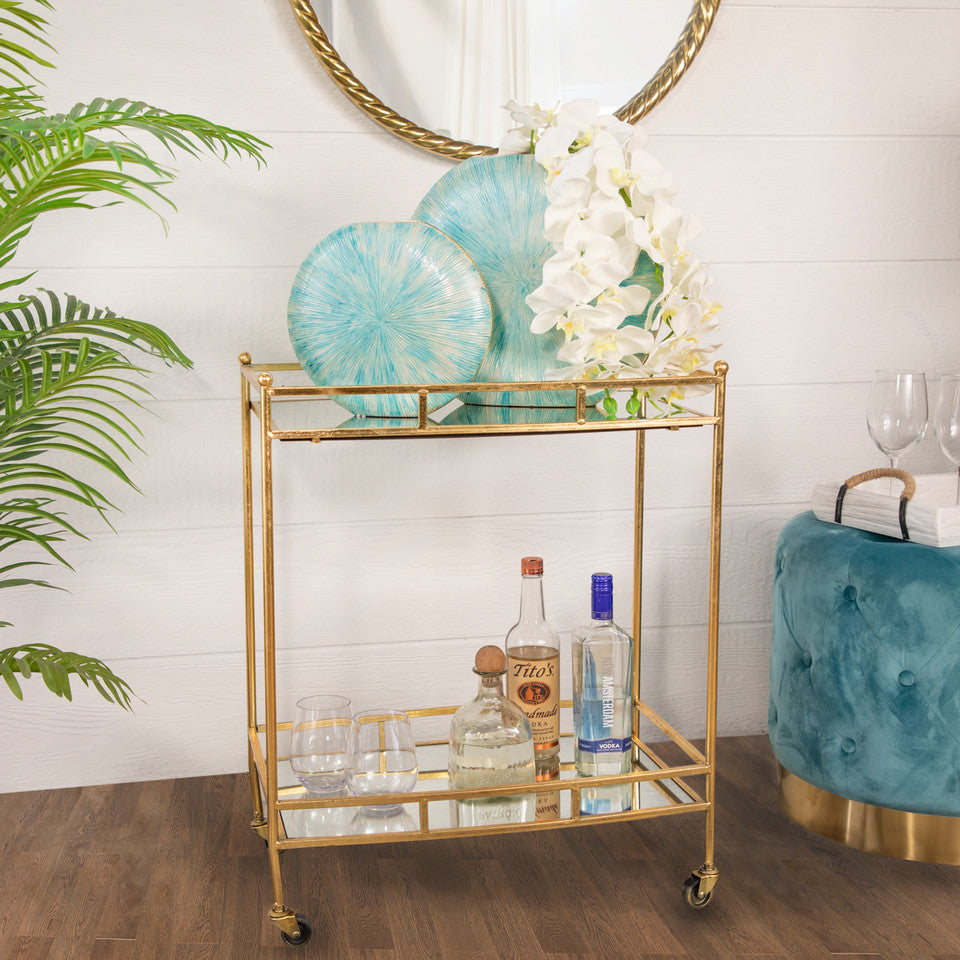 2 Tier Gold Metal Bar Cart W/ Mirrored Top