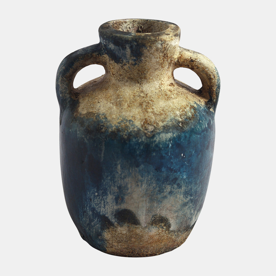Terracotta, 7" Double Handle Vase, Blue/ivory