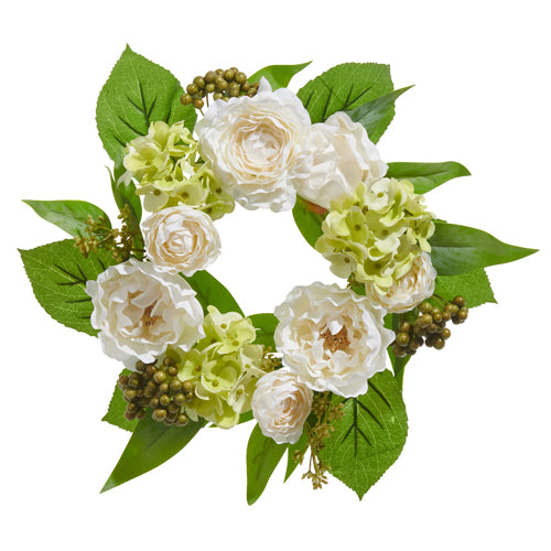 12" White Peony and Geranium Wreath