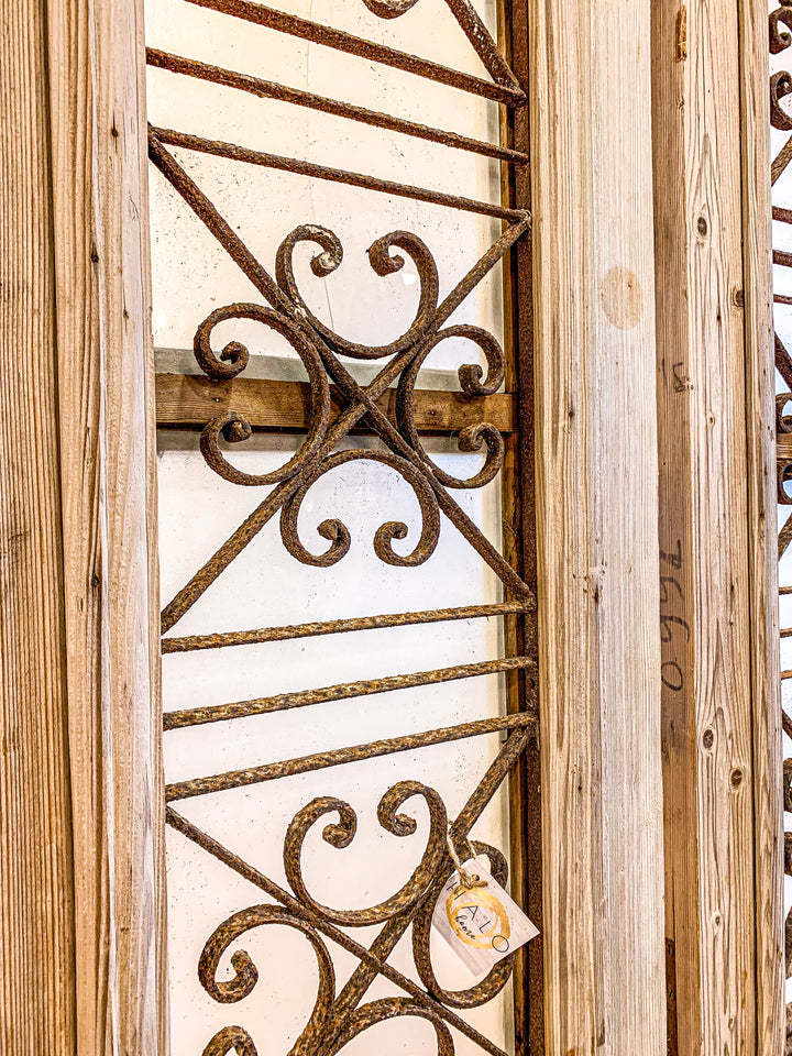 Pair of Antique Doors Wrought Iron and Glass Inlay