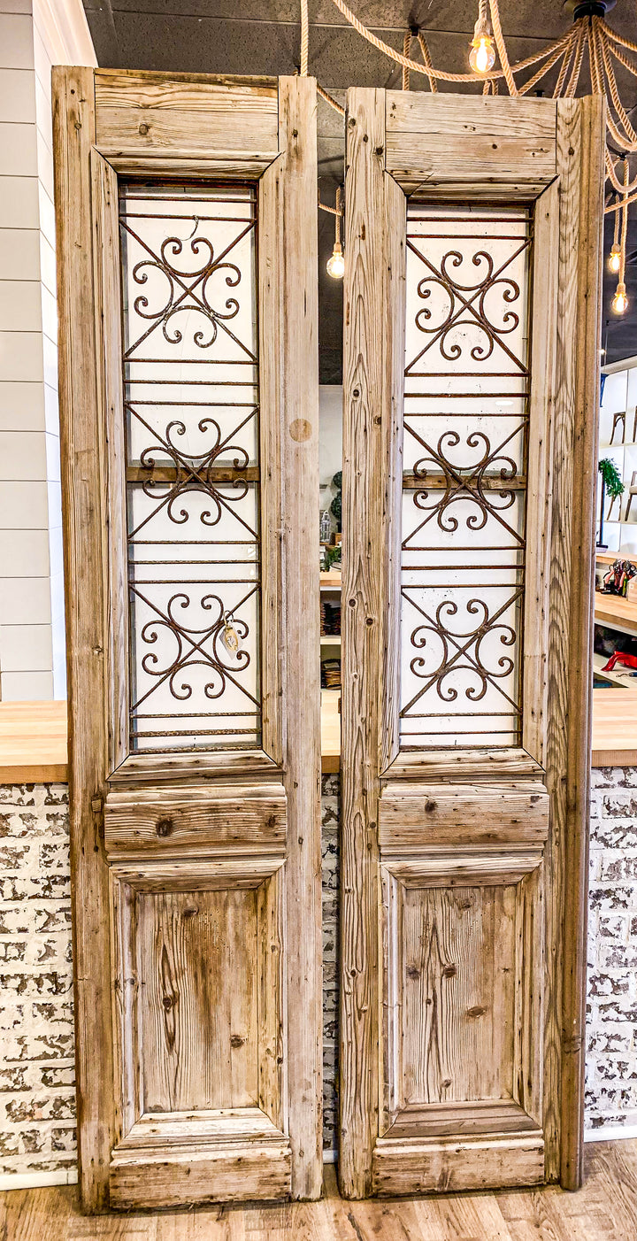 Pair of Antique Doors Wrought Iron and Glass Inlay