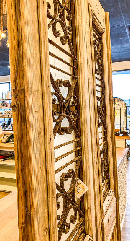 Pair of Antique Doors Wrought Iron and Glass Inlay