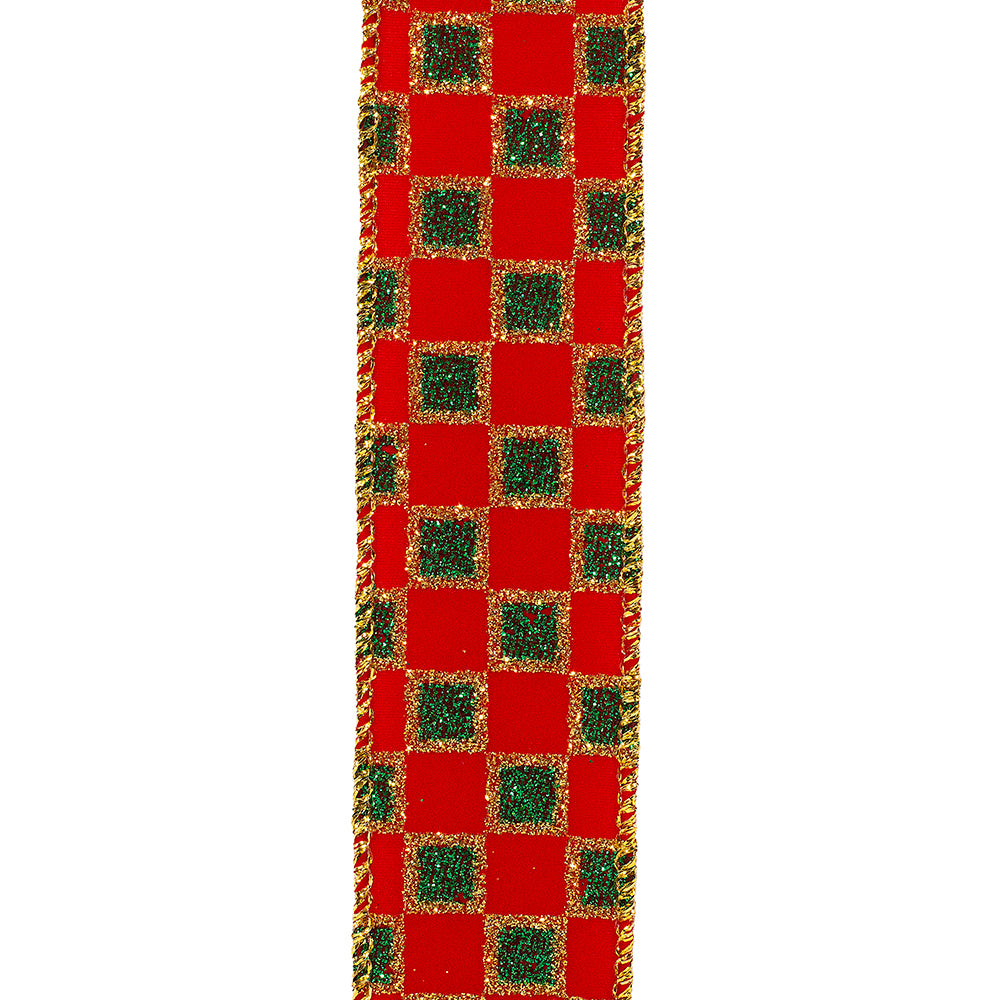 Velvet Emerald Checks Glitter Wired Ribbon