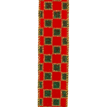 Velvet Emerald Checks Glitter Wired Ribbon