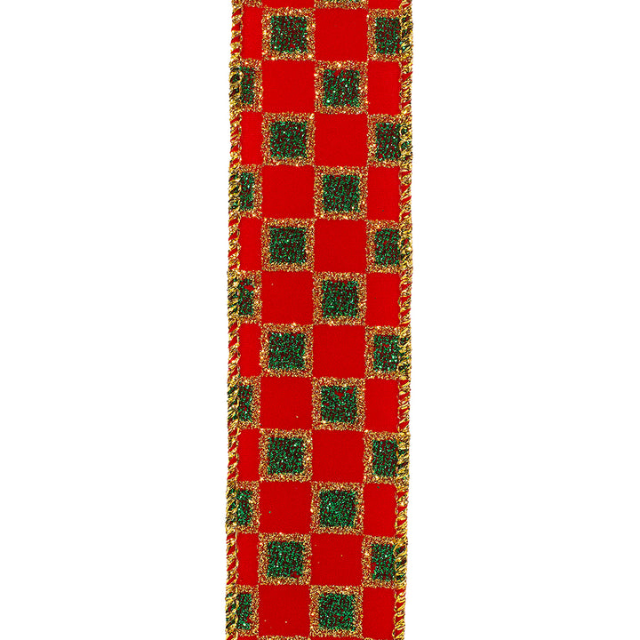 Velvet Emerald Checks Glitter Wired Ribbon