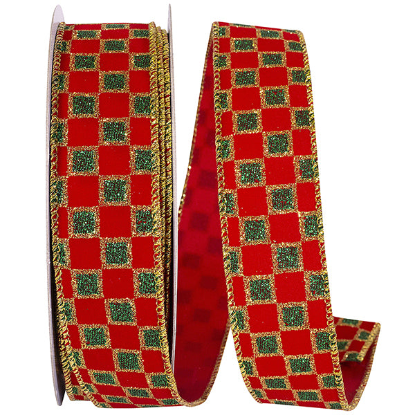 Velvet Emerald Checks Glitter Wired Ribbon