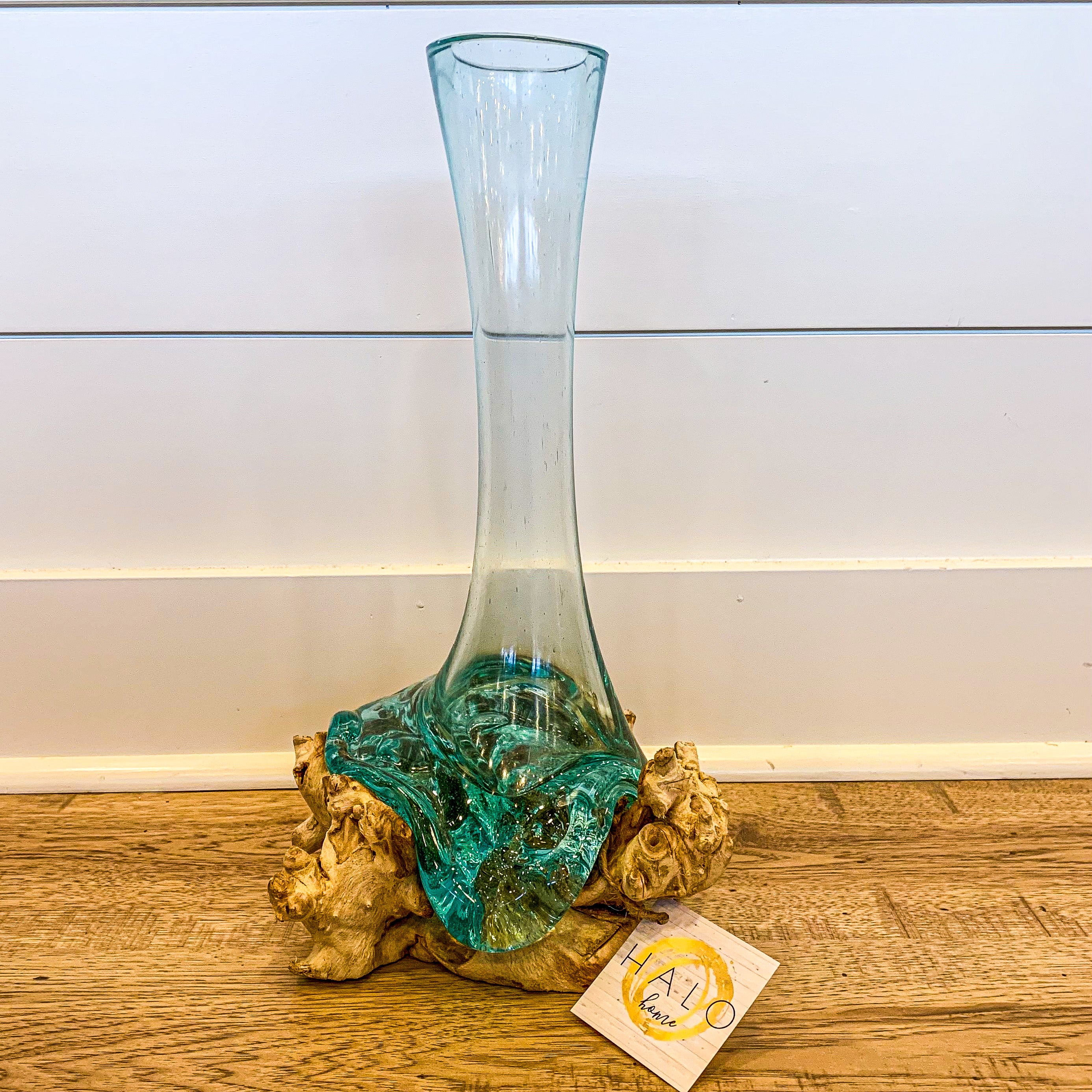 Vase Hand Blown Glass on Teakroot Base