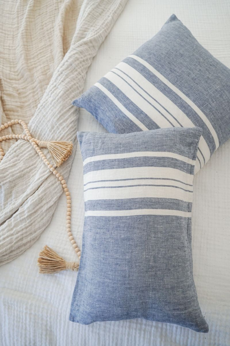 Chambray Blue Bold Stripes So Soft Linen Pillow