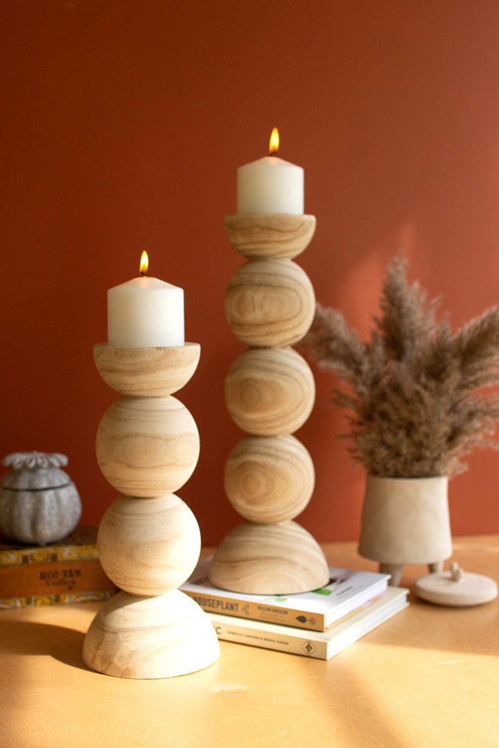 Candlestick Hand-Carved Wooden Stacked Ball