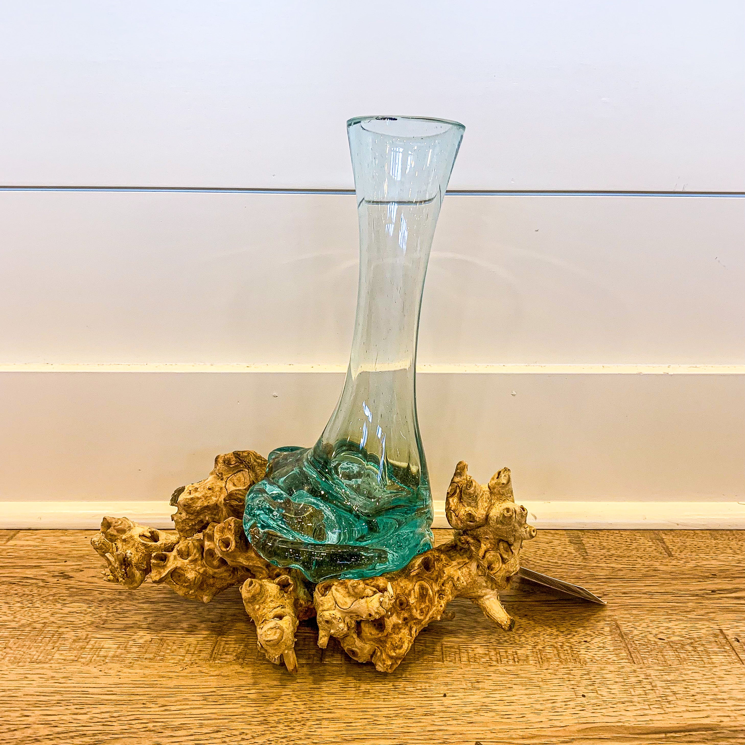 Vase Hand Blown Glass on Teakroot Base