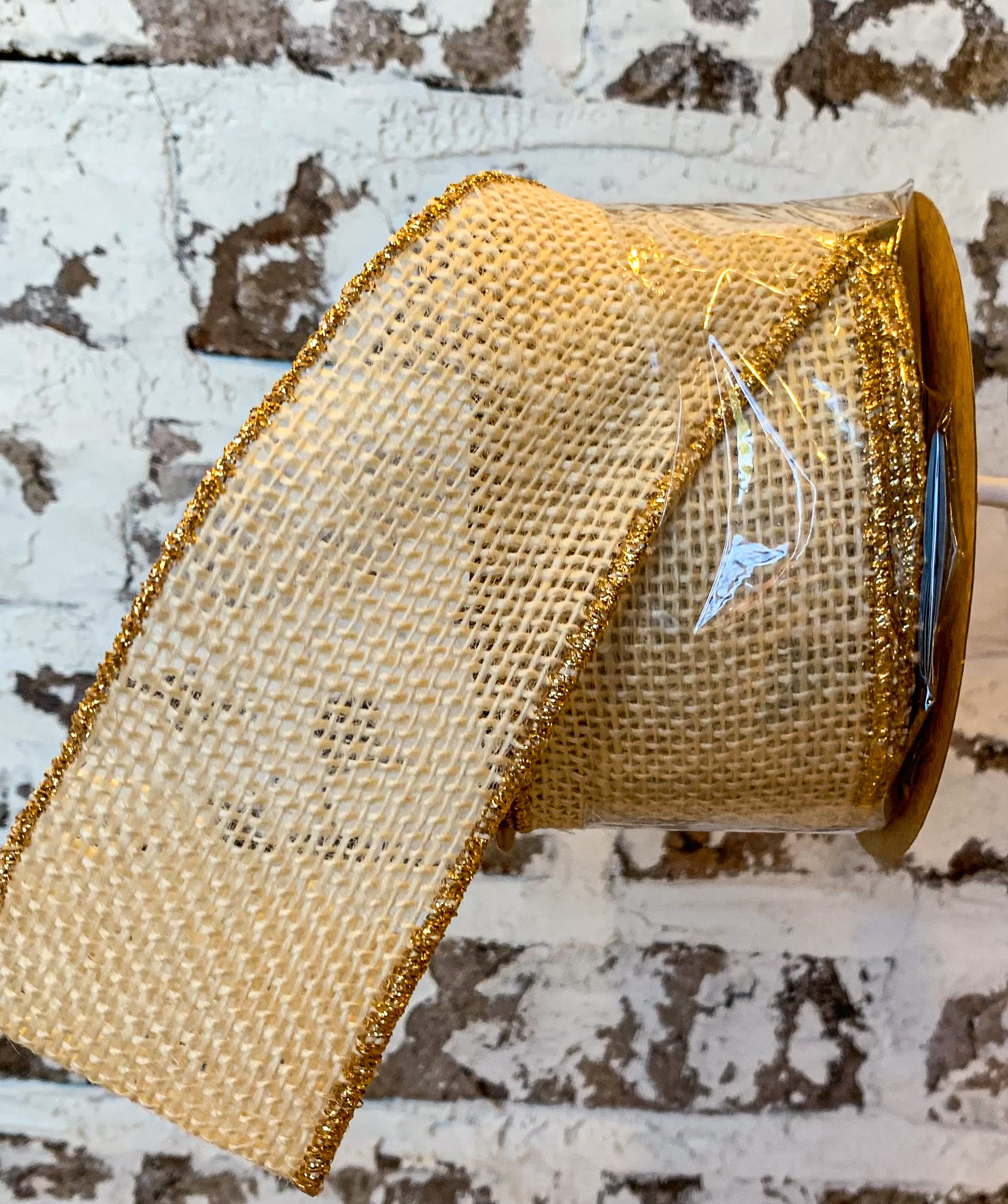 Ribbon Burlap Wired Edge Gold Edge Ivory 2.5"x10yds