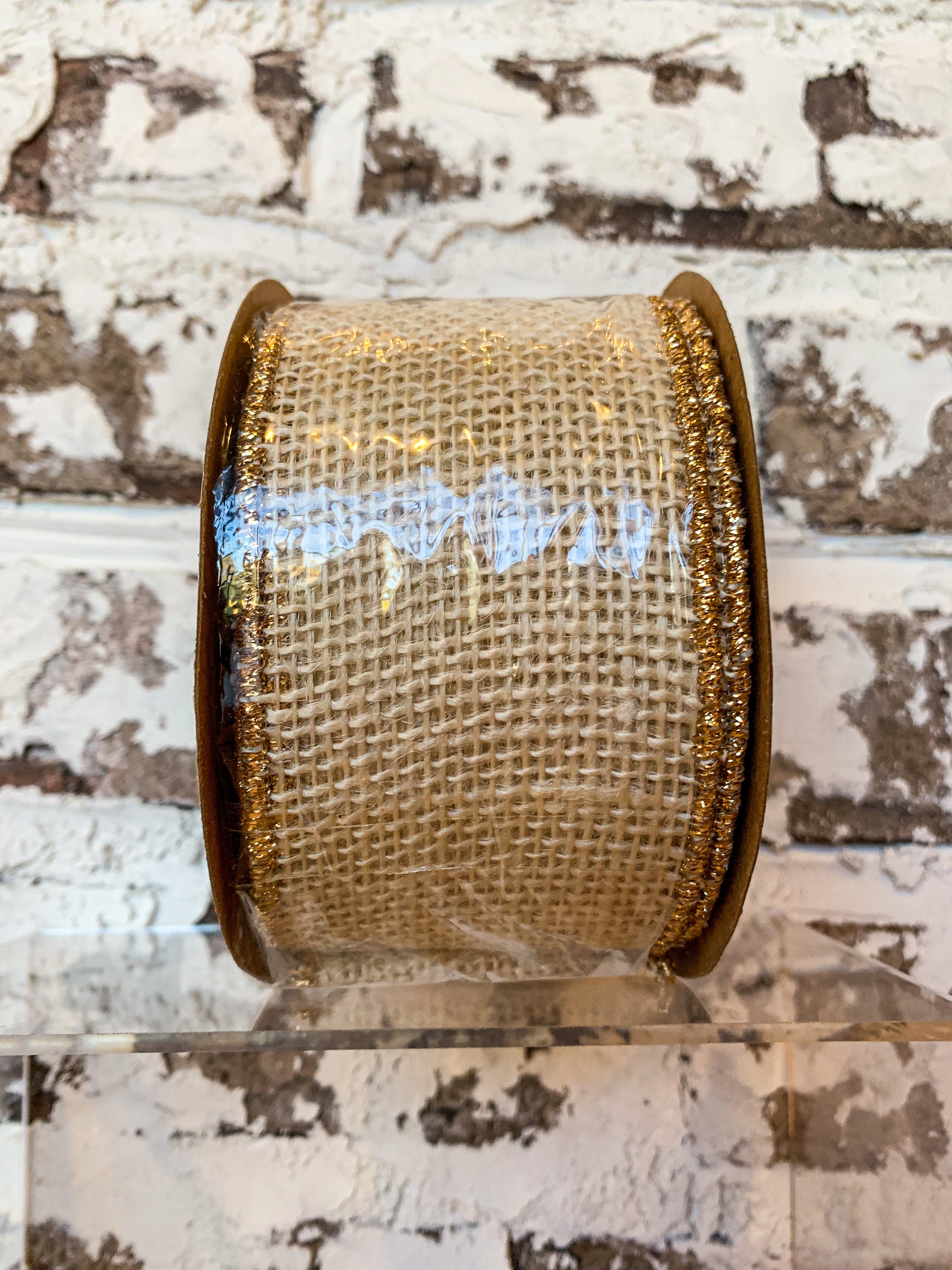 Ribbon Burlap Wired Edge Gold Edge Ivory 2.5"x10yds
