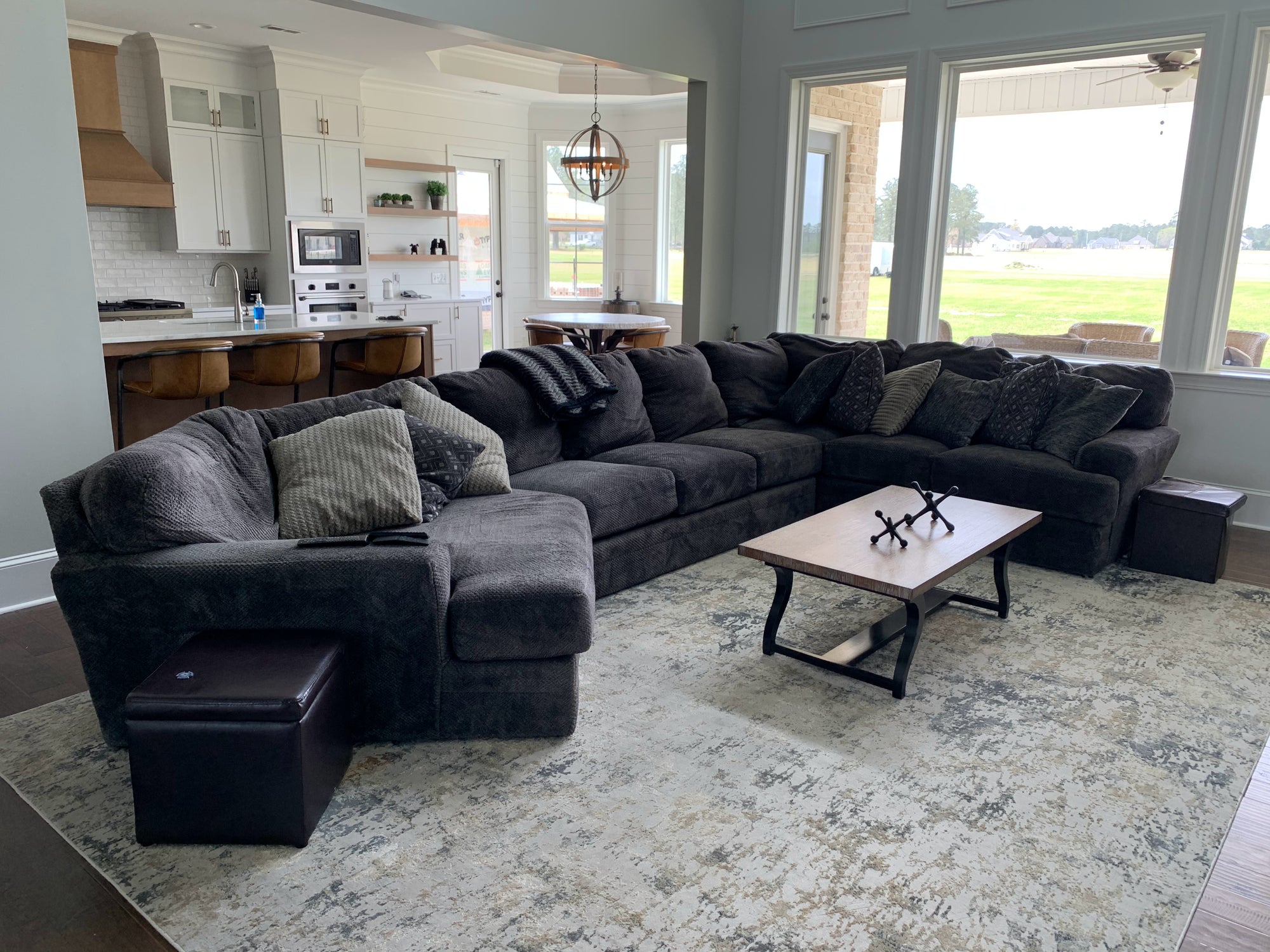 long gray sectional with rectangle coffee table