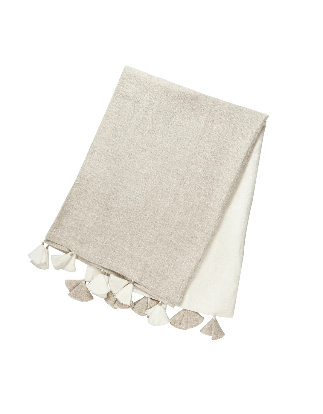 Natural Beige Colorblocked Linen Blanket with Tassels