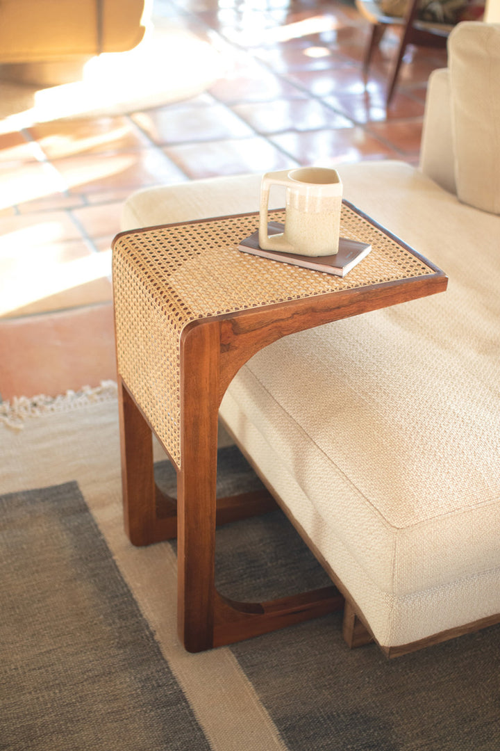 Wood Side Table with Woven Cane