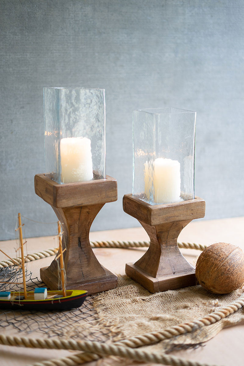 Candlestick Square Hurricane w/ Recycled Wood Base