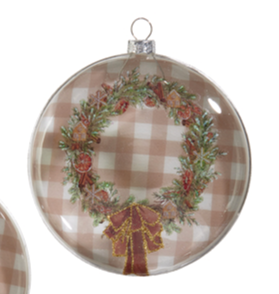 5" Gingerbread Gingham Greenery Disc Ornament