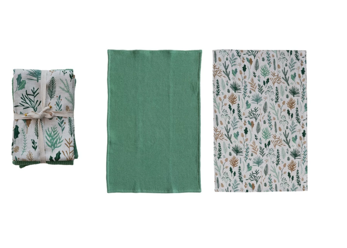 Woven Waffle Tea Towel with Botanicals Pattern