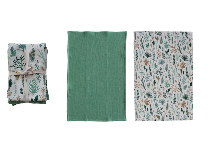 Woven Waffle Tea Towel with Botanicals Pattern