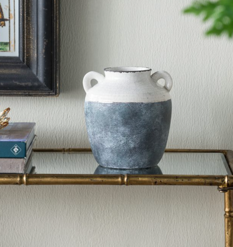 White & Gray Ceramic Flower Vase w/ Handles