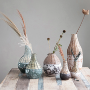 Hand-Woven Rattan Vase w/ Clay