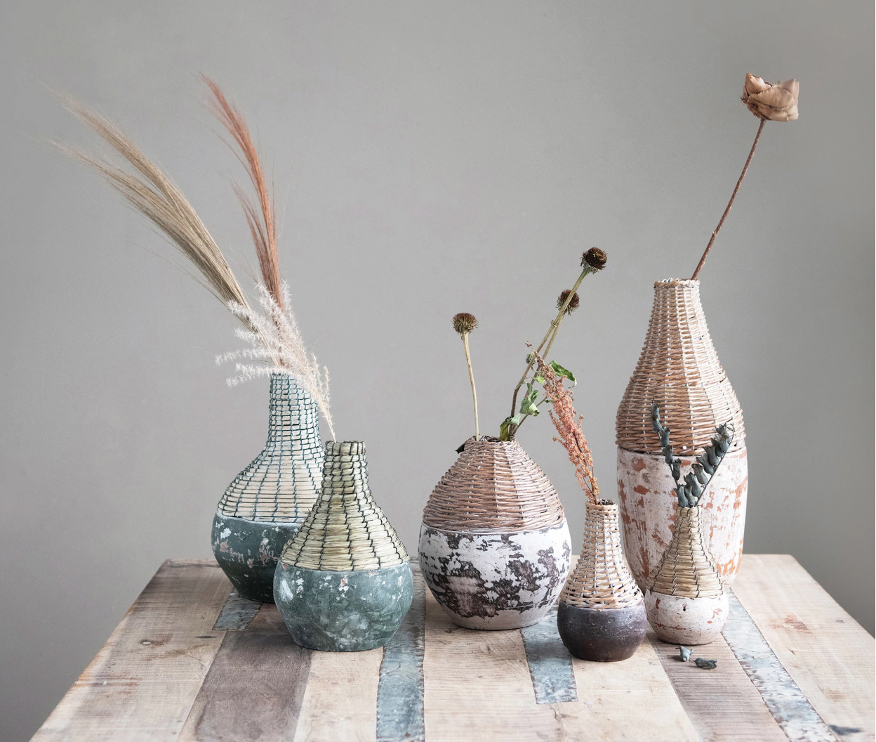 Hand-Woven Rattan Vase w/ Clay