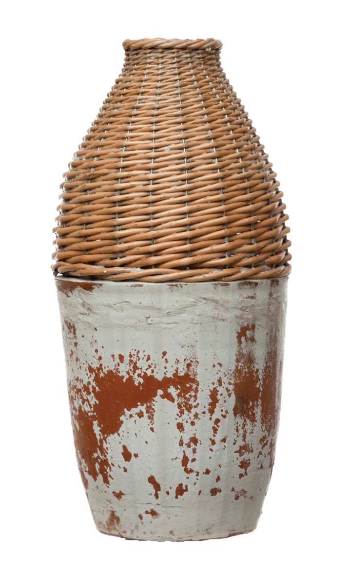 Distressed Hand-Woven Rattan and Clay Vase