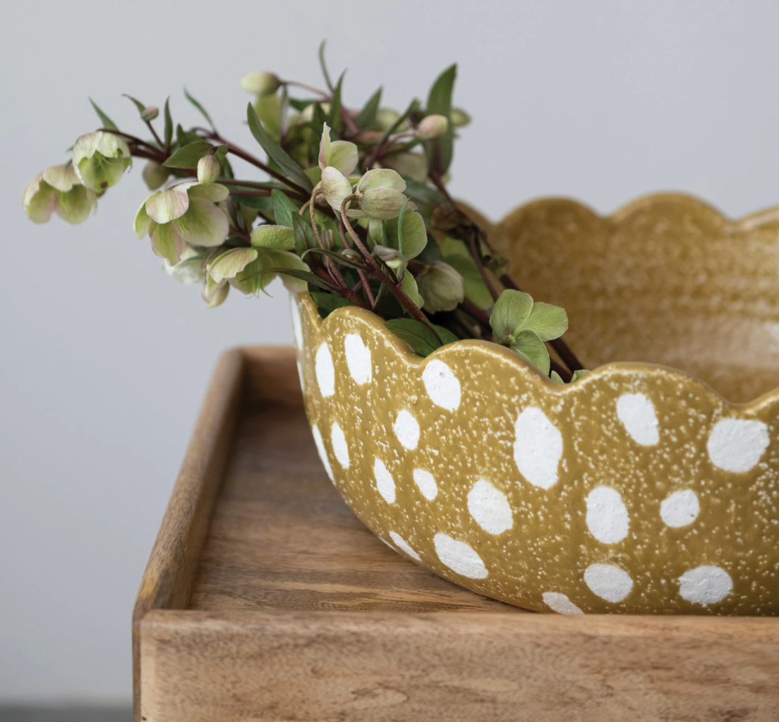 Decorative Hand-Painted Terracotta bowl w/ Scalloped Edge & Dots