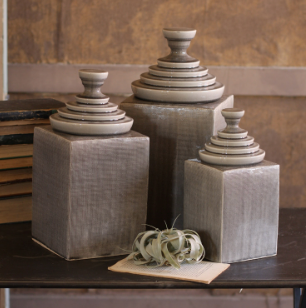 Grey Textured Ceramic Canisters w/ Pyramid Tops