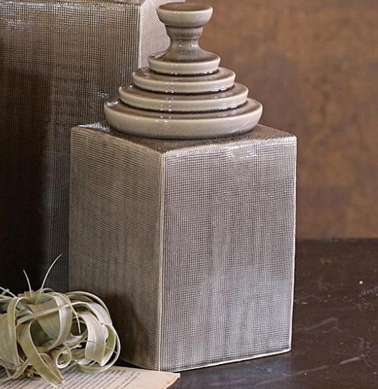 Grey Textured Ceramic Canisters w/ Pyramid Tops