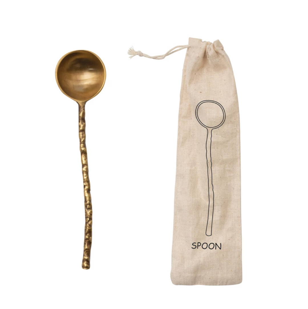 Dinnerware Brass Serving Spoon w/ Hammered Handle in Printed Drawstring Bag