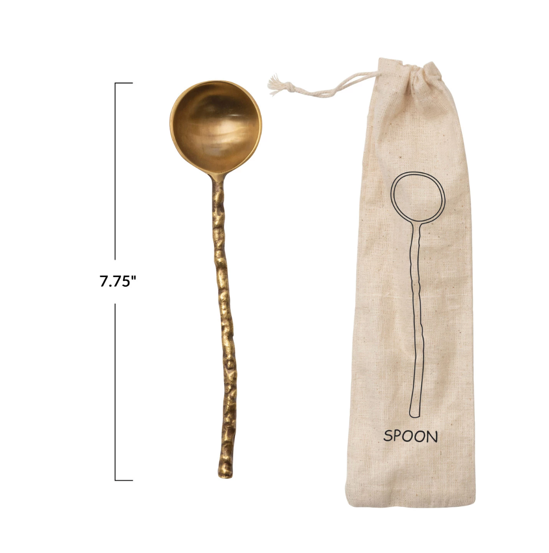 Dinnerware Brass Serving Spoon w/ Hammered Handle in Printed Drawstring Bag