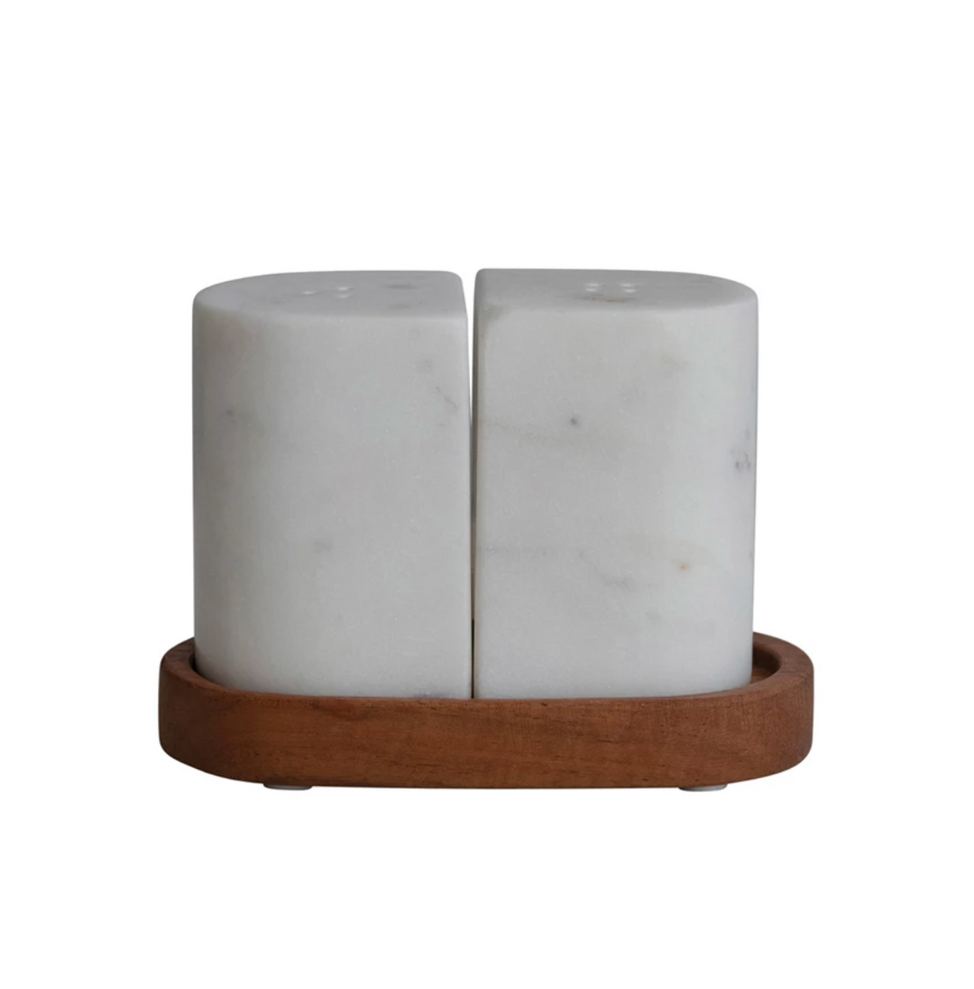 Dinnerware Marble Salt & Pepper Shakers w/ Acacia Wood Tray, White & Natural, Set of 3